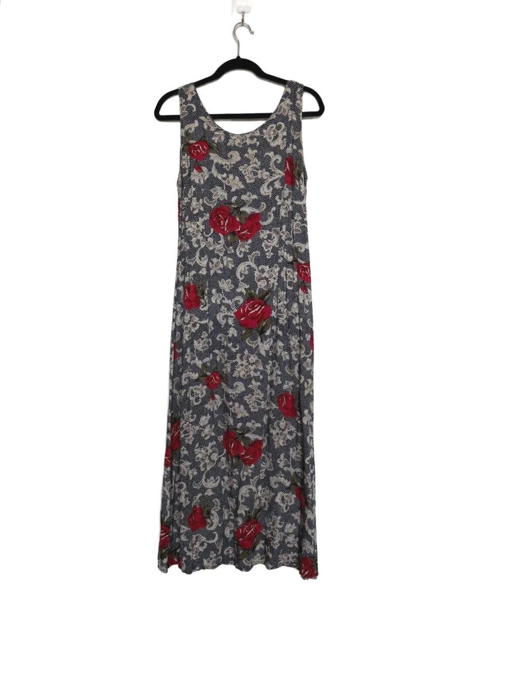 90s Vintage Black Maxi Dress with Red Floral Print - Picture 2 of 5